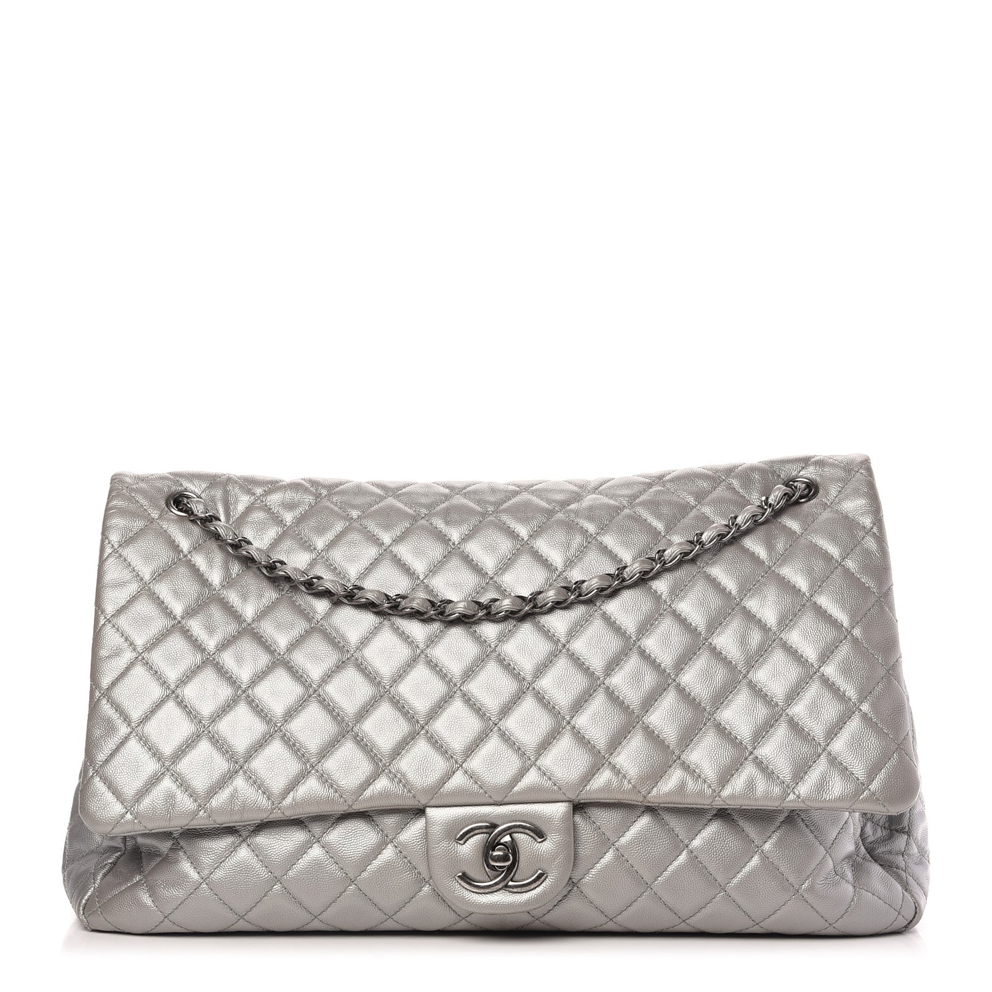 Metallic Caviar Quilted XXL Travel Flap Bag Silver