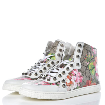 Gucci GG Supreme Monogram Blooms Studded Womens High Top Sneakers 40 Beige Multicolor White 3 of 8
