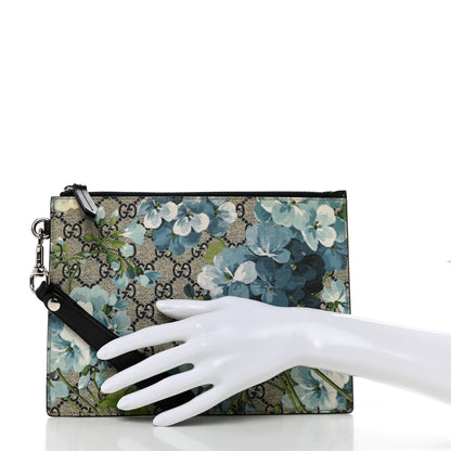 Gucci GG Supreme Monogram Blooms Small Zip Wristlet Pouch Beige Blue Black 2 of 8
