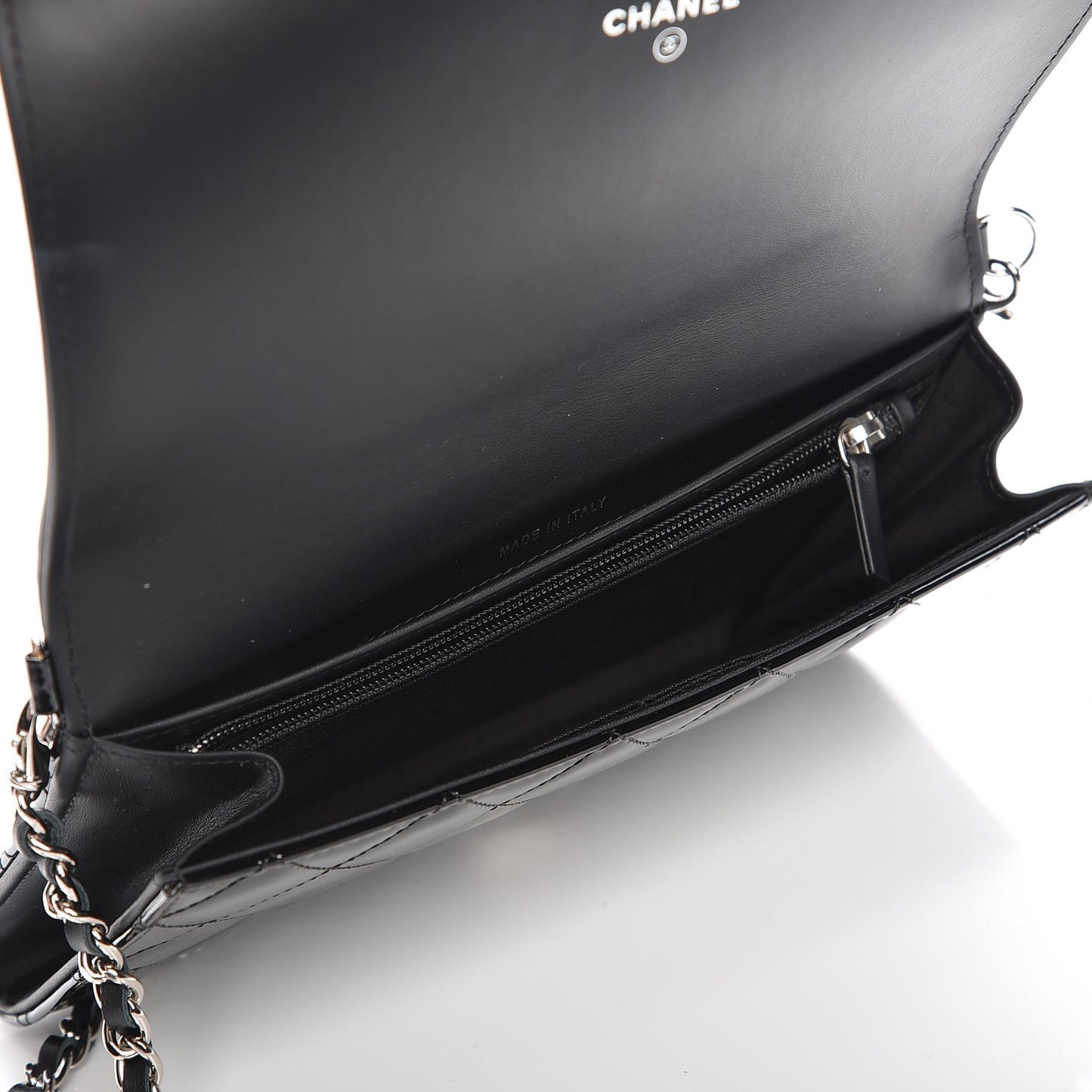 Patent Calfskin Quilted Boy Wallet on Removable Chain Black