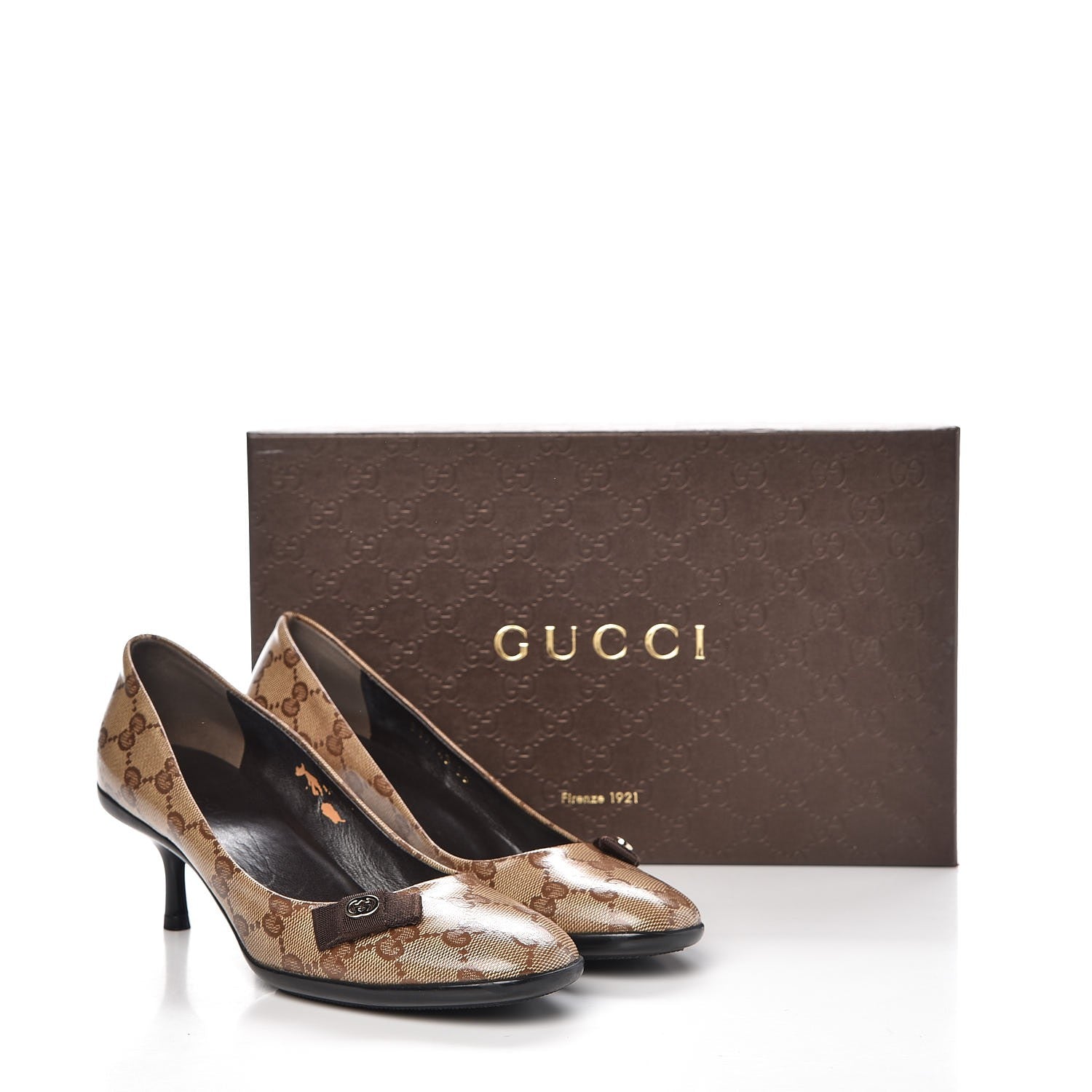 Gucci Crystal Monogram Bow Pumps 35 Beige Ebony Testa di Moro 12 of 12