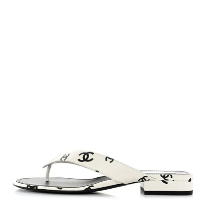 Chanel Lambskin Printed CC Thong Sandals 39 White Black 1 of 9