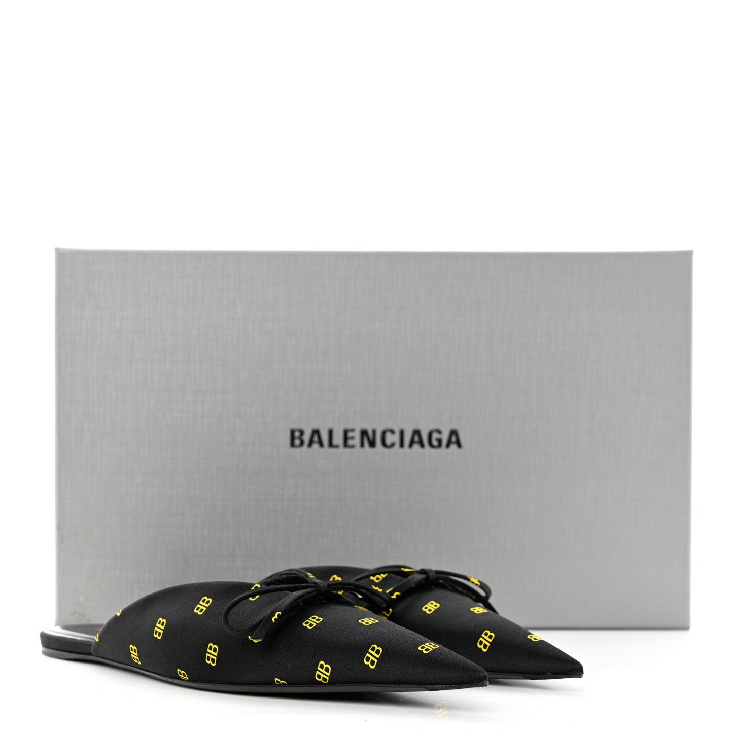 Crepe Satin BB Printed Pointy Toe Knife Flat Mules 36.5 Black Yellow