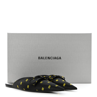 Balenciaga Crepe Satin BB Printed Pointy Toe Knife Flat Mules 36.5 Black Yellow 9 of 9