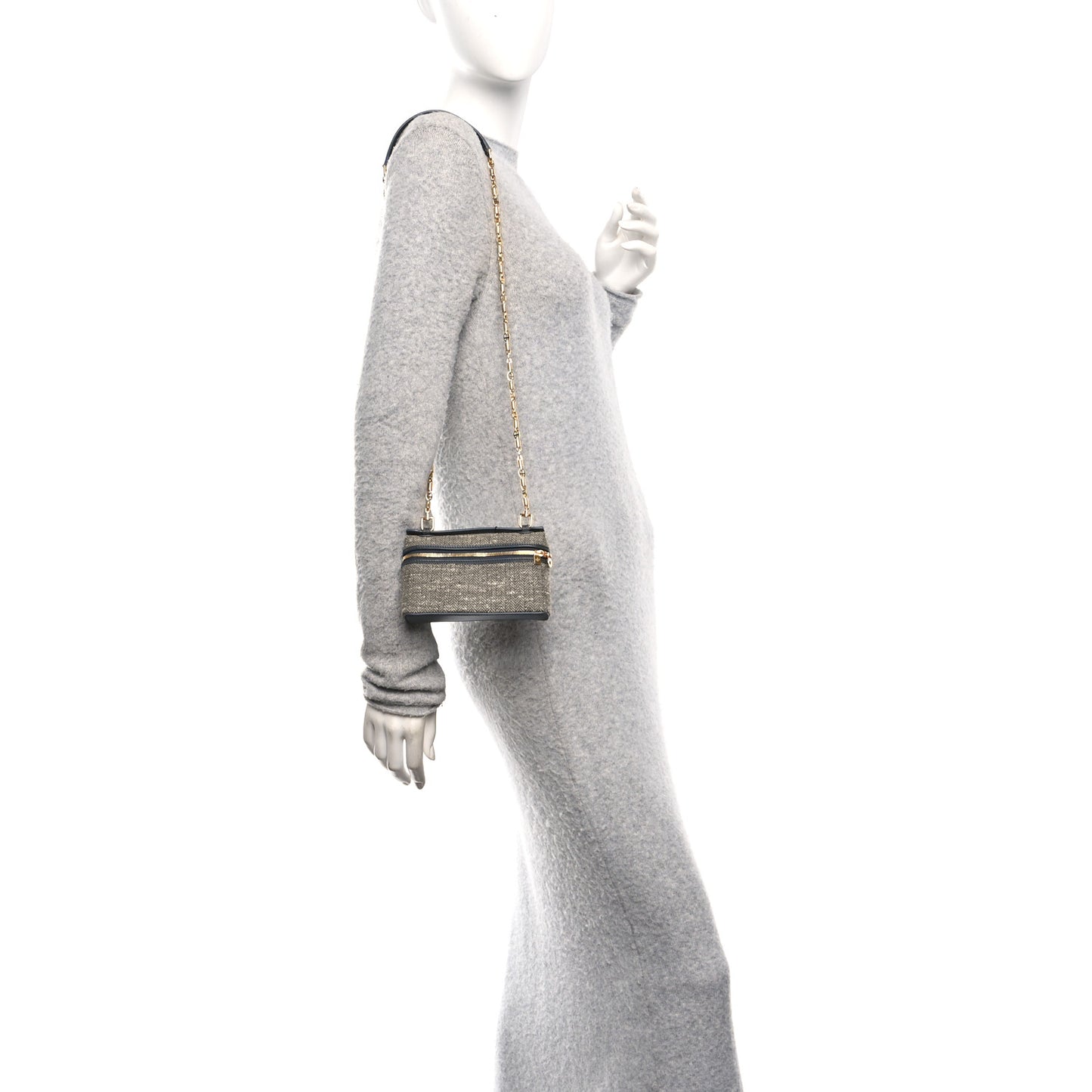 Virgin Wool Blend Herringbone Calfskin Extra Pocket Mini Pouch Green Sand Blue Green Sun Gold