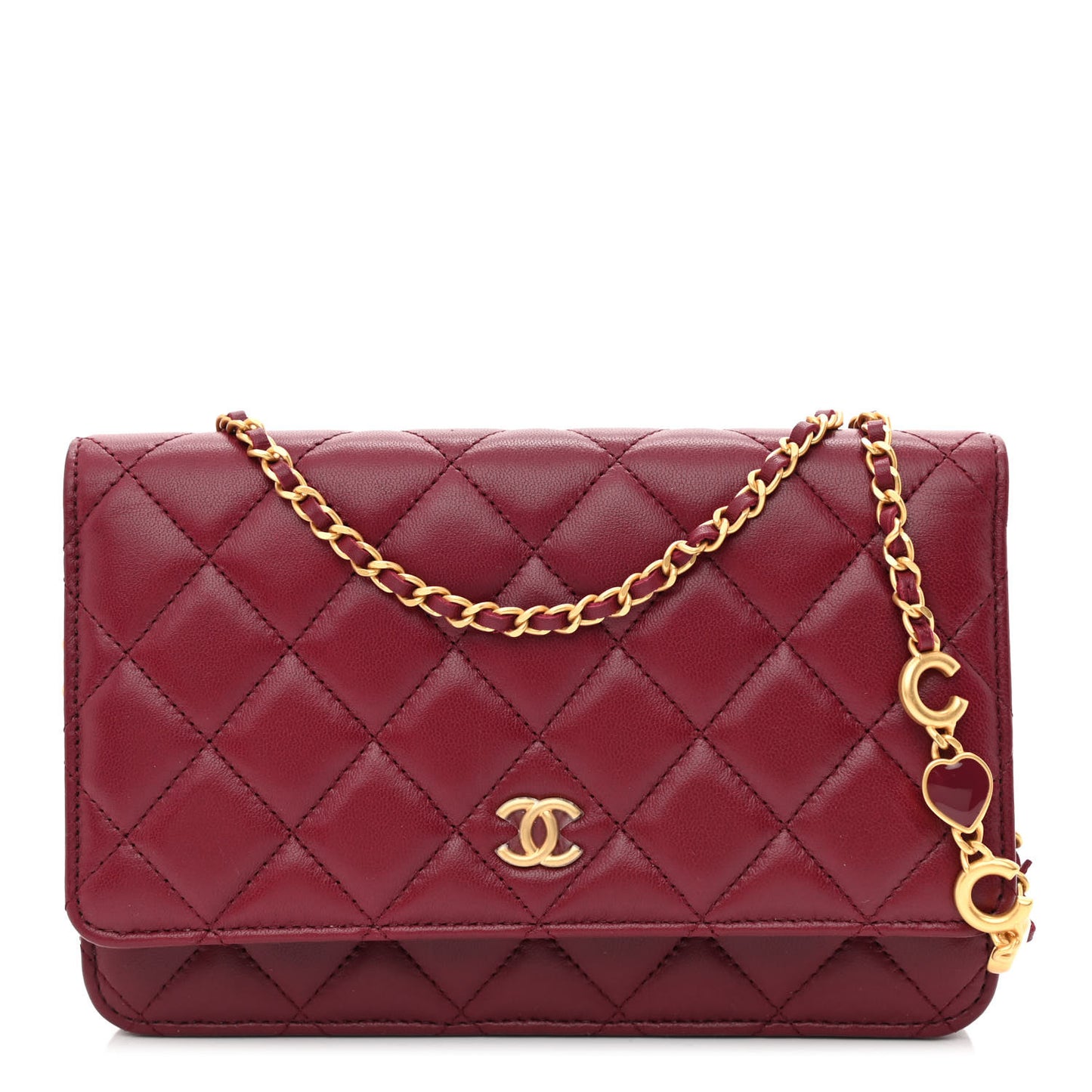 Lambskin Resin Quilted Coco Hearts Wallet On Chain WOC Burgundy