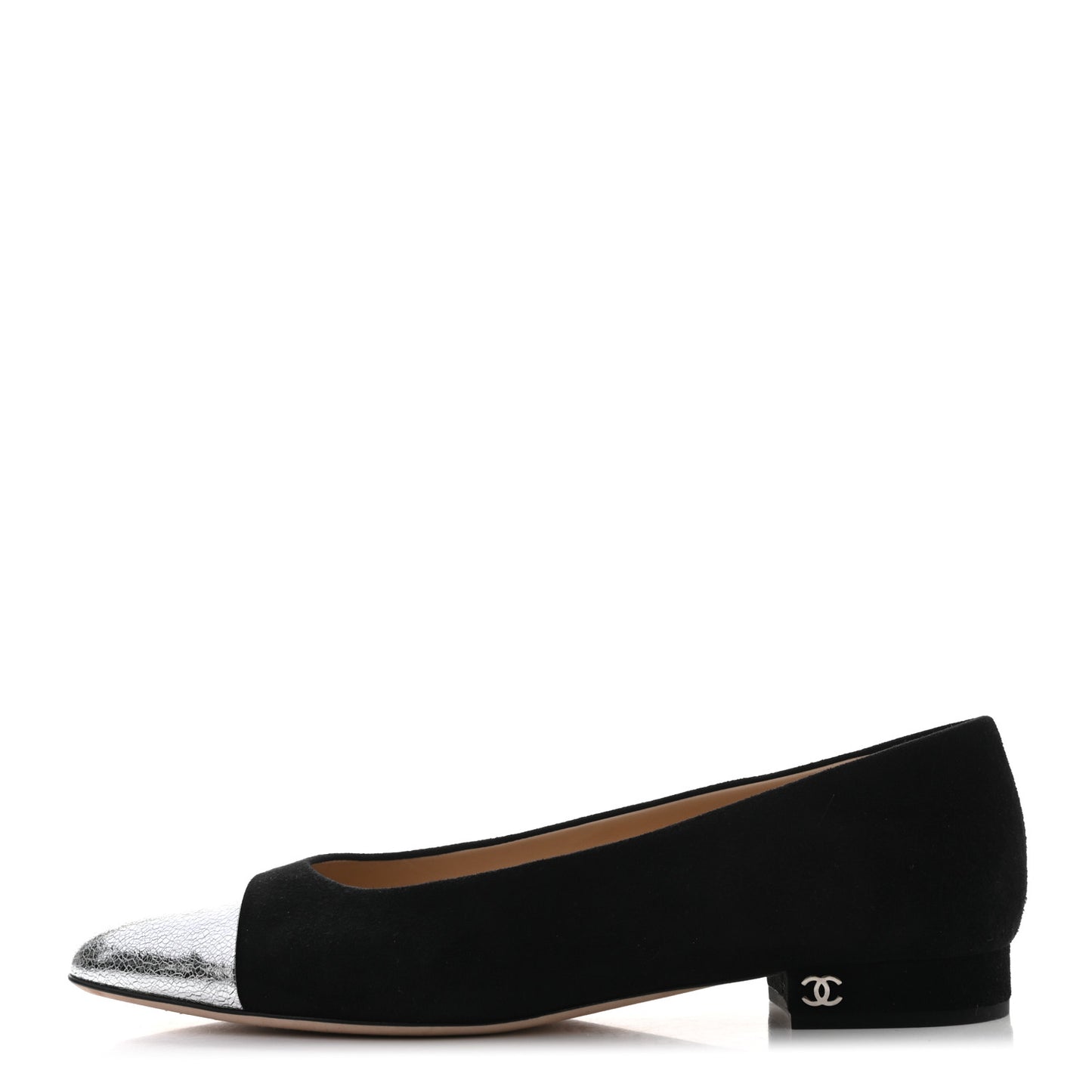 Kid Suede Metallic Lambskin Cap Toe Ballerina Flats 38.5 Silver Black