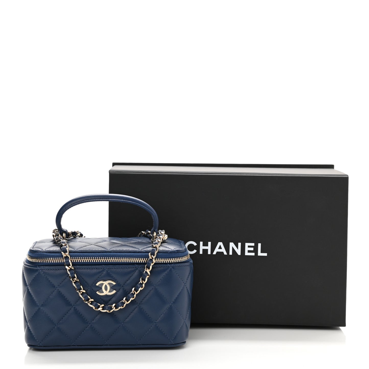 Lambskin Quilted Small Top Handle Vanity Case With Chain Dark Blue