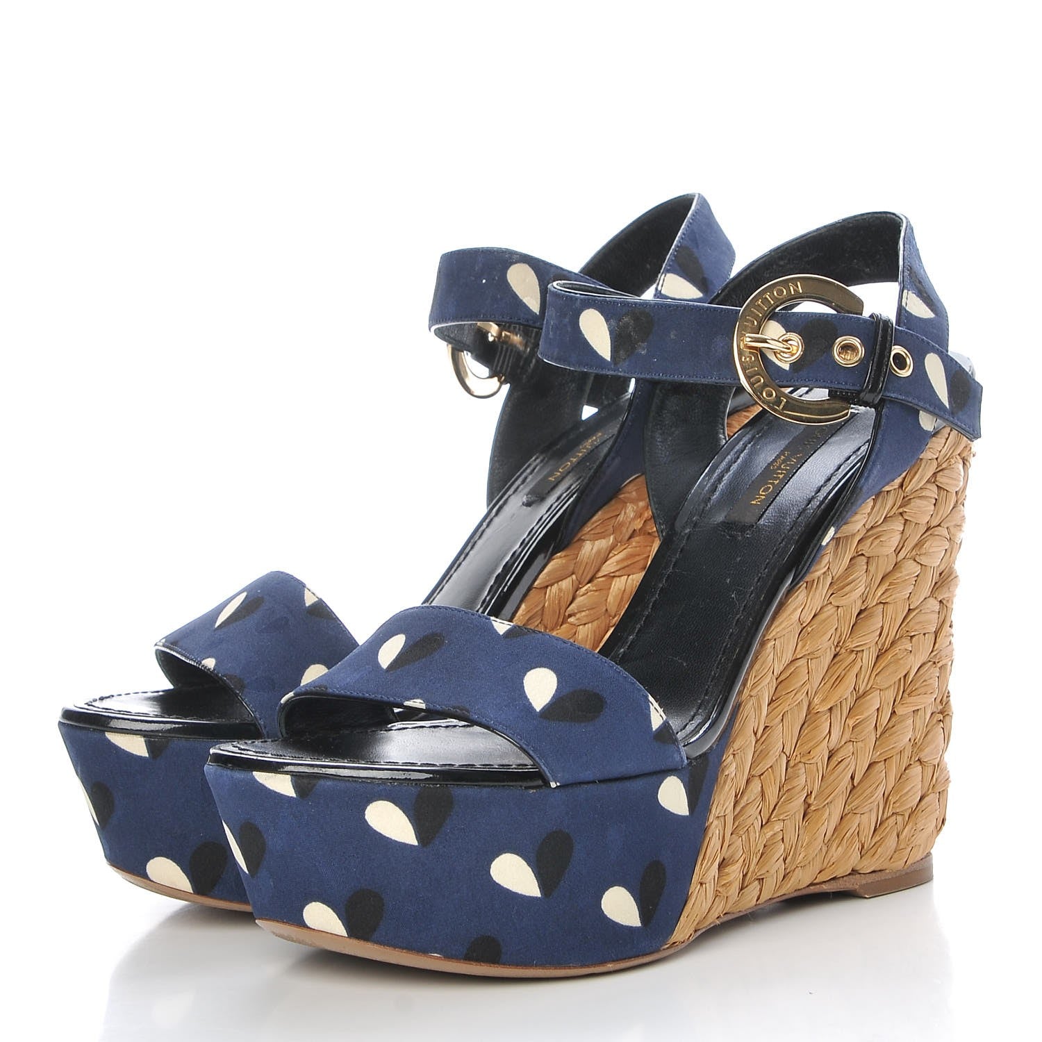 Louis Vuitton Raffia Canvas Hearts Tuileries Wedge Sandals 36 Blue 4 of 20