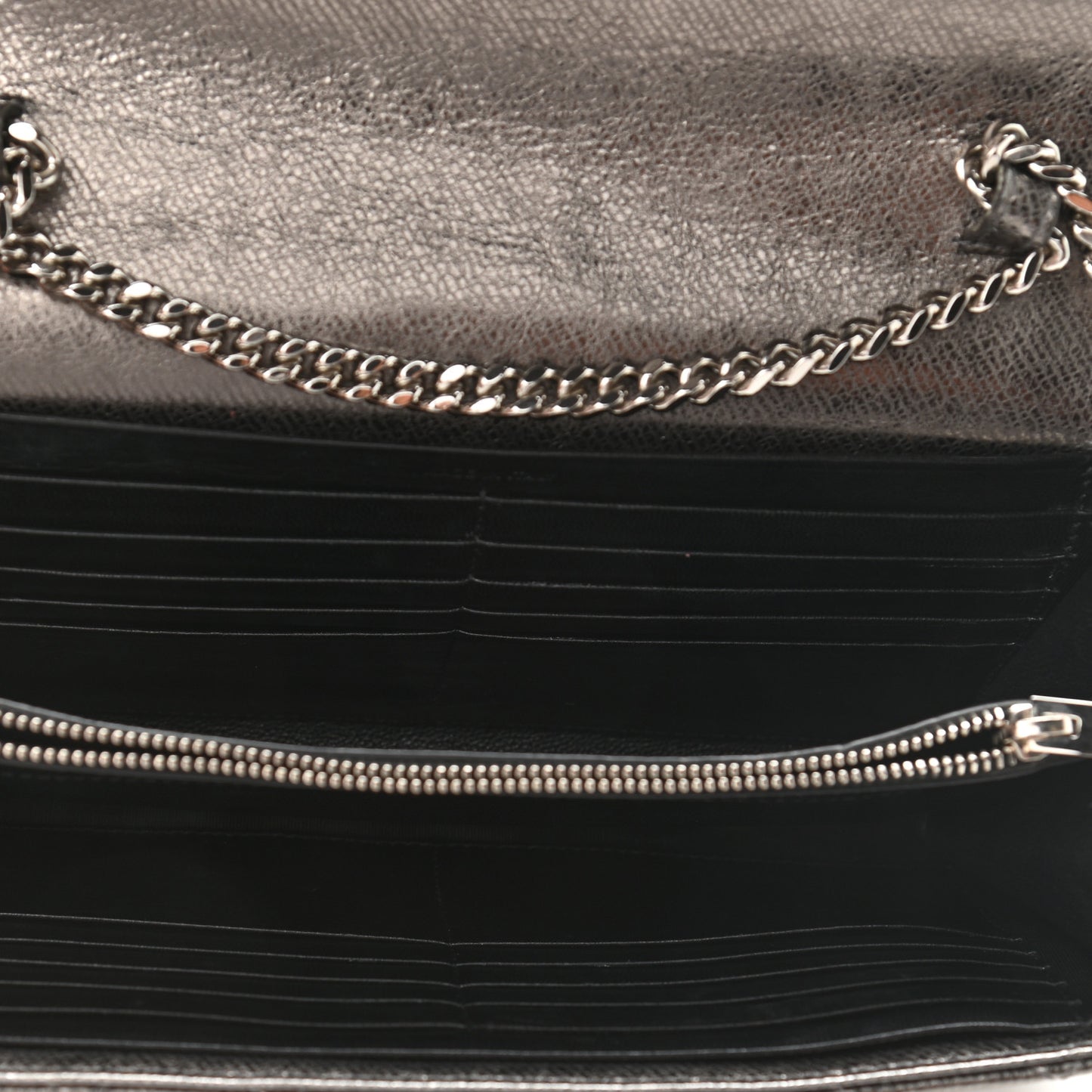 Metallic Calfskin Mixed Matelasse Triquilt Monogram Chain Wallet Piombo