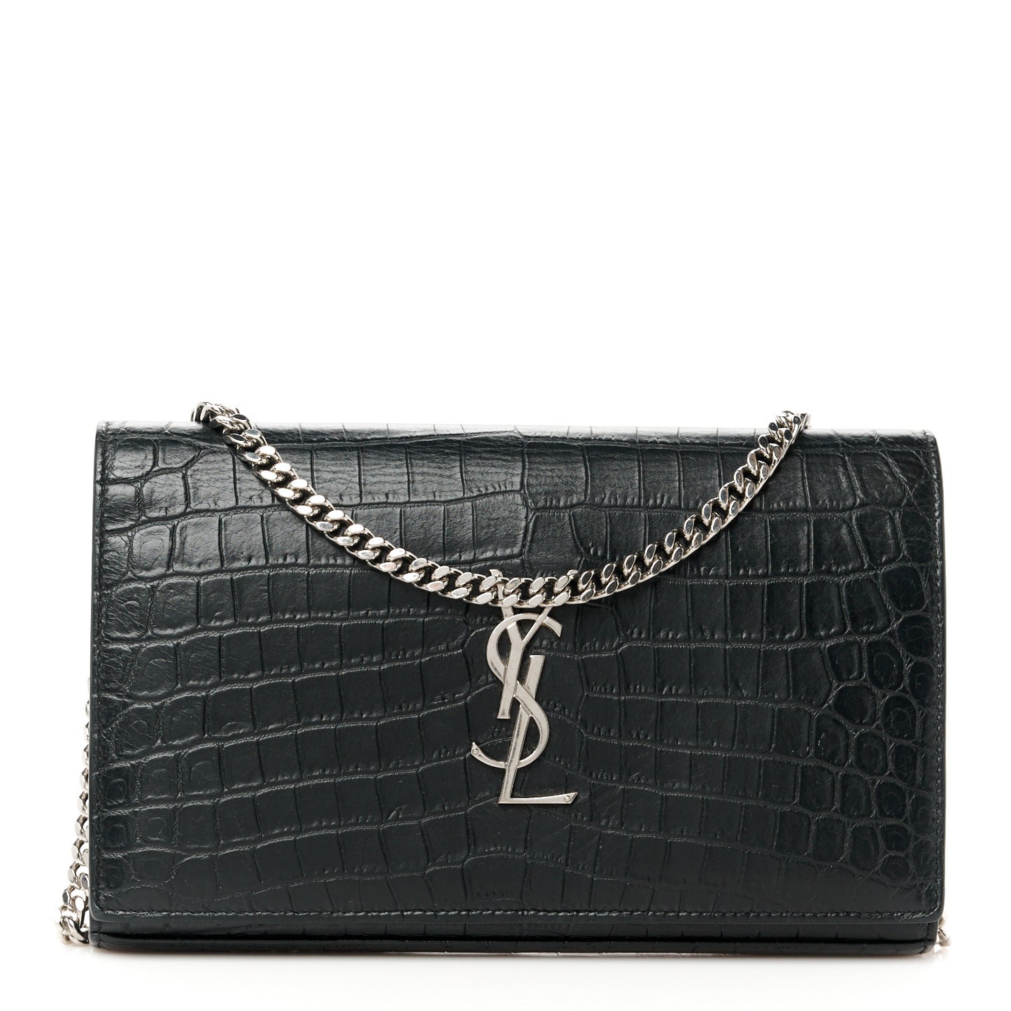 Crocodile Embossed Calfskin Monogram Chain Wallet Black