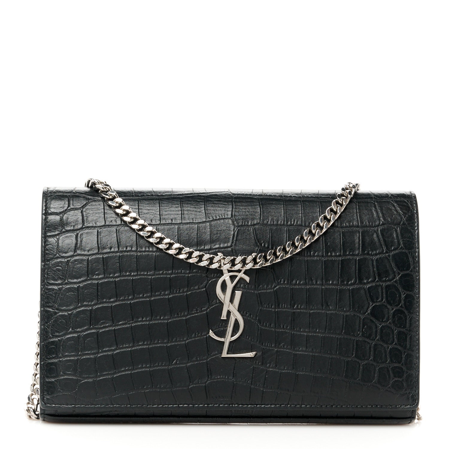 Saint Laurent Crocodile Embossed Calfskin Monogram Chain Wallet Black 1 of 9