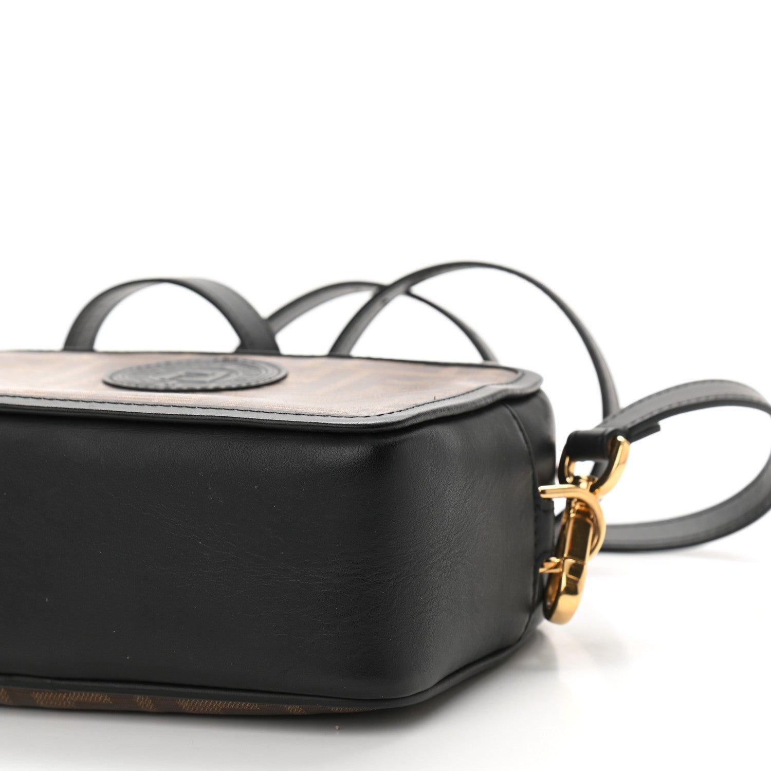 Fendi Glazed Fabric Vitello Century FF 1974 Stamp Patch Mini Camera Case Mogano Panna Black 11 of 11