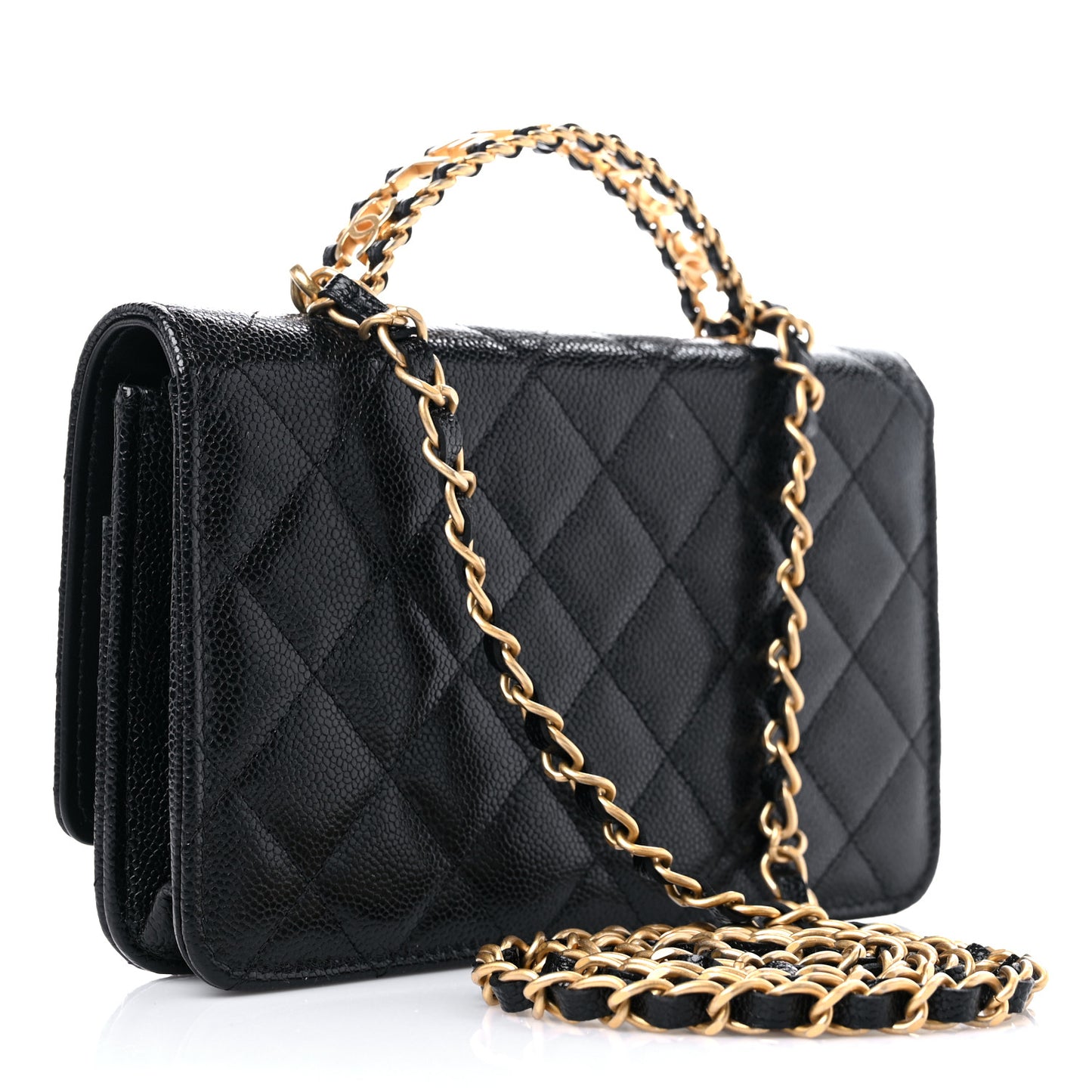 Shiny Caviar Quilted Pick Me Up Wallet On Chain WOC Black