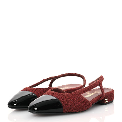 Chanel Wool Tweed Patent Cap Toe Slingback Flats 37 Brown Black 3 of 12