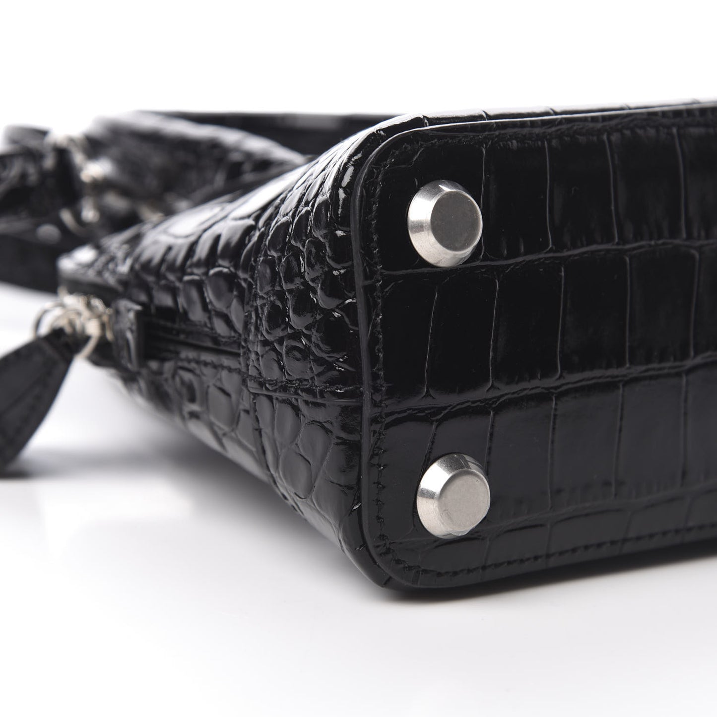 Shiny Calfskin Logo Crocodile Embossed XXS Ville Top Handle Bag Black White