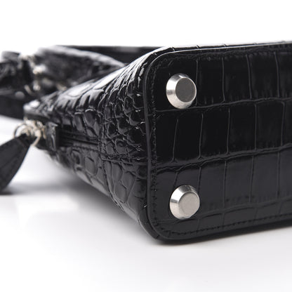 Balenciaga Shiny Calfskin Logo Crocodile Embossed XXS Ville Top Handle Bag Black White 10 of 11