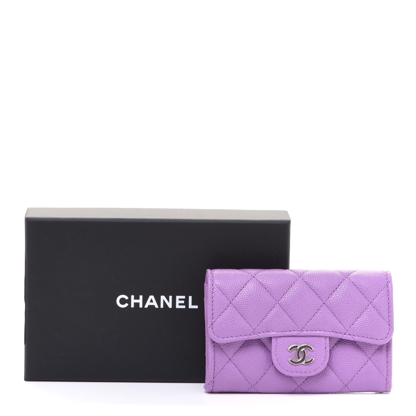 Caviar Quilted Flap Card Holder Wallet Purple
