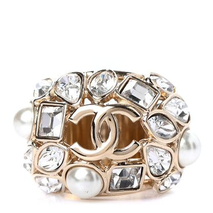 Chanel Metal Glass Pearl Strass Snowfall Ring 52 6 Light Gold 1 of 4
