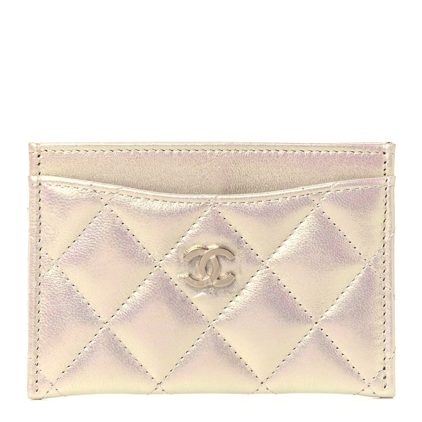 Iridescent Lambskin Quilted Card Holder Ivory