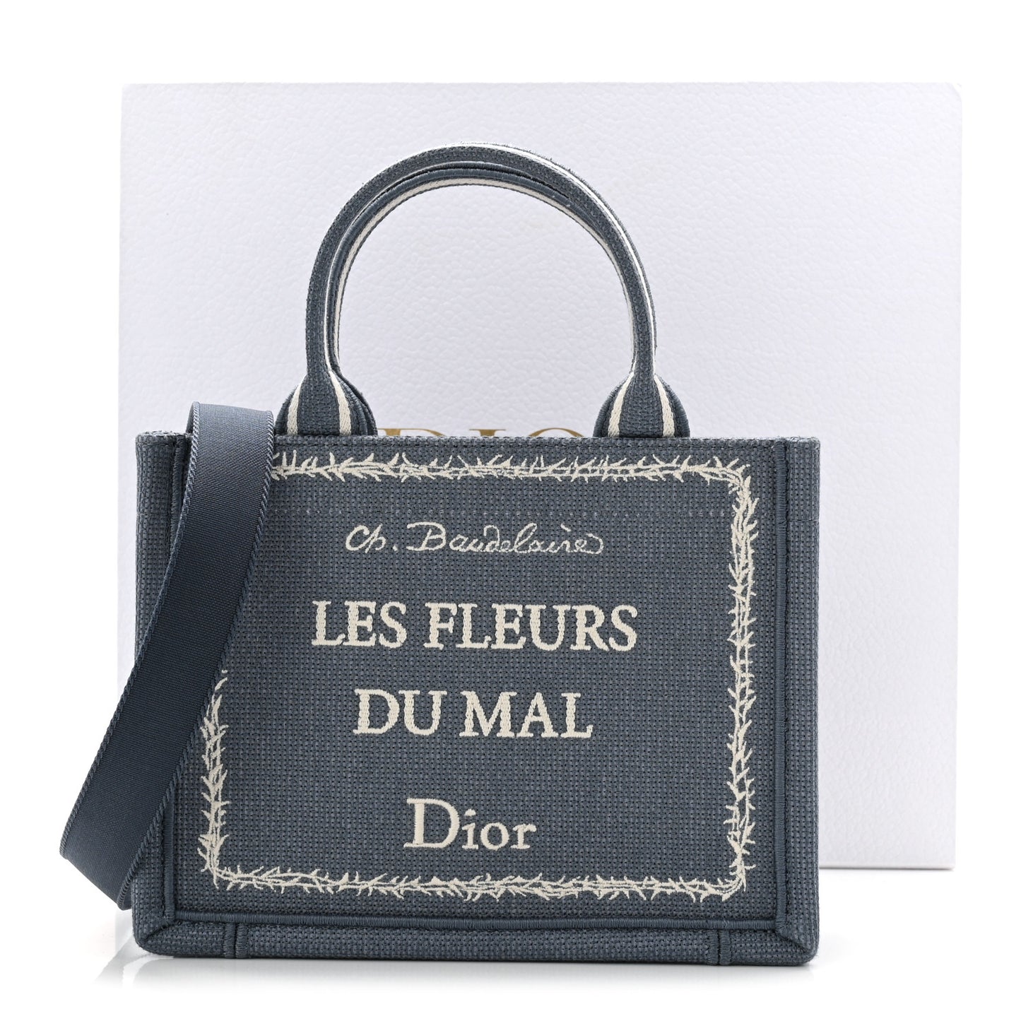Canvas Embroidered Les Fleurs du Mal Mini Book Tote  Blue White