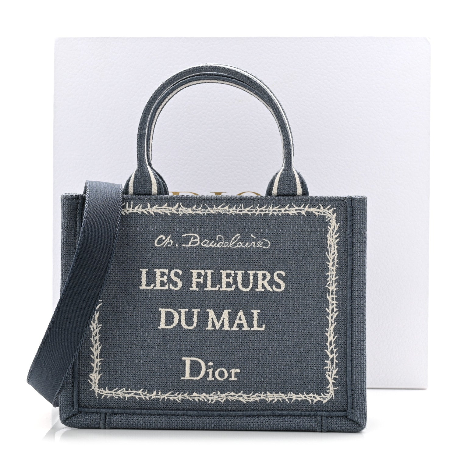 Christian Dior Canvas Embroidered Les Fleurs du Mal Mini Book Tote  Blue White 11 of 11