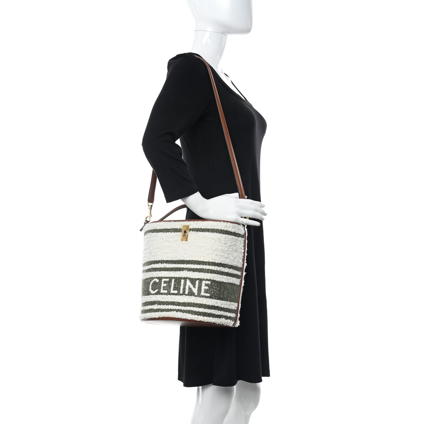 Canvas Smooth Calfskin Logo Bucket 16 Bag Khaki Beige Tan