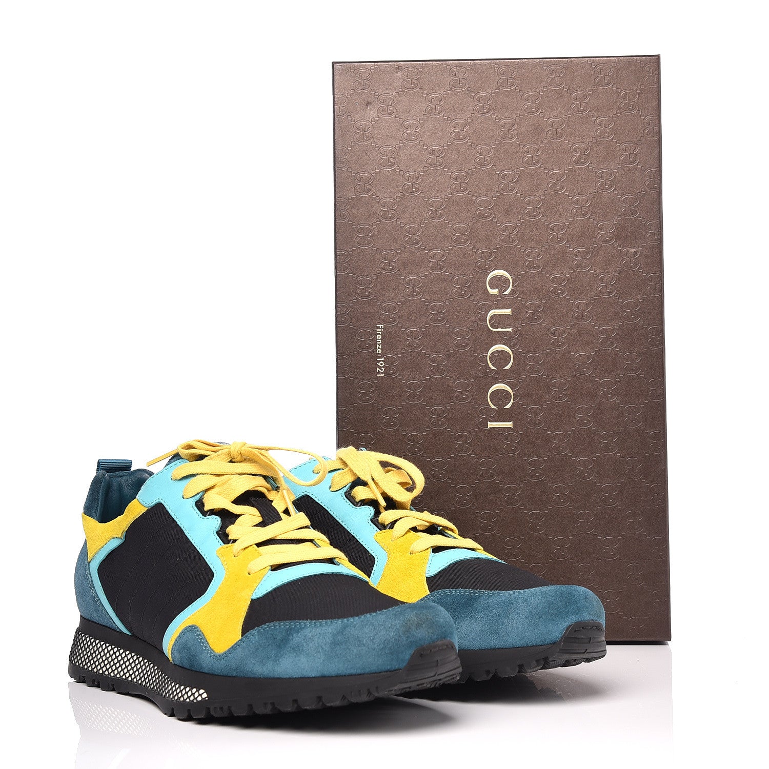 Gucci Suede Calfskin Mens Low Top Sneakers 11 Teal Yellow 9 of 9