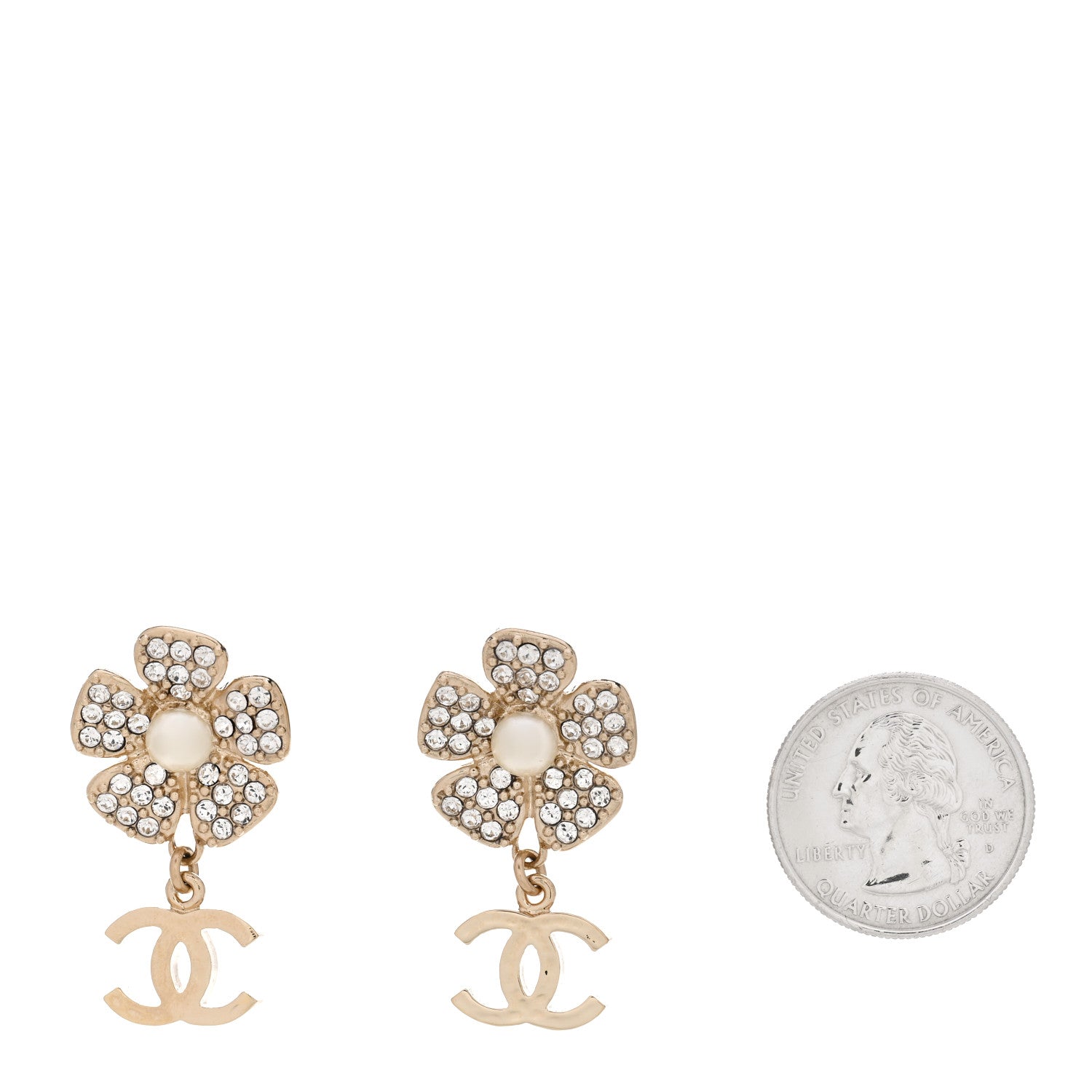 Chanel Pearl Crystal CC Flower Drop Earrings Gold White 2 of 4