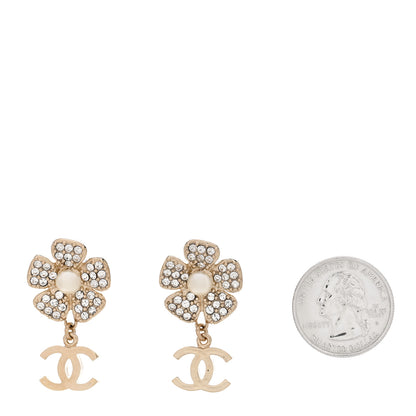 Chanel Pearl Crystal CC Flower Drop Earrings Gold White 2 of 4