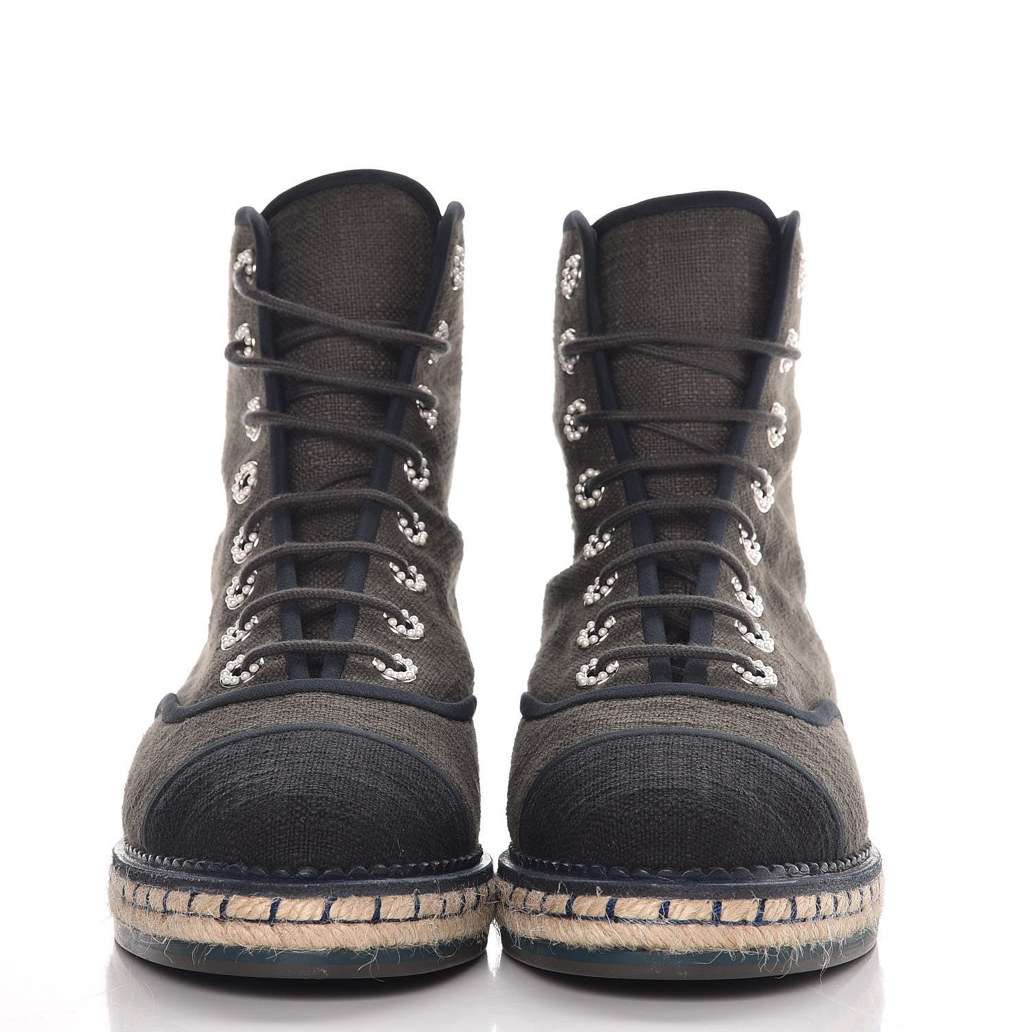 Chanel Cotton Lace Up High Top Espadrilles 39 Dark Green Black 2 of 9