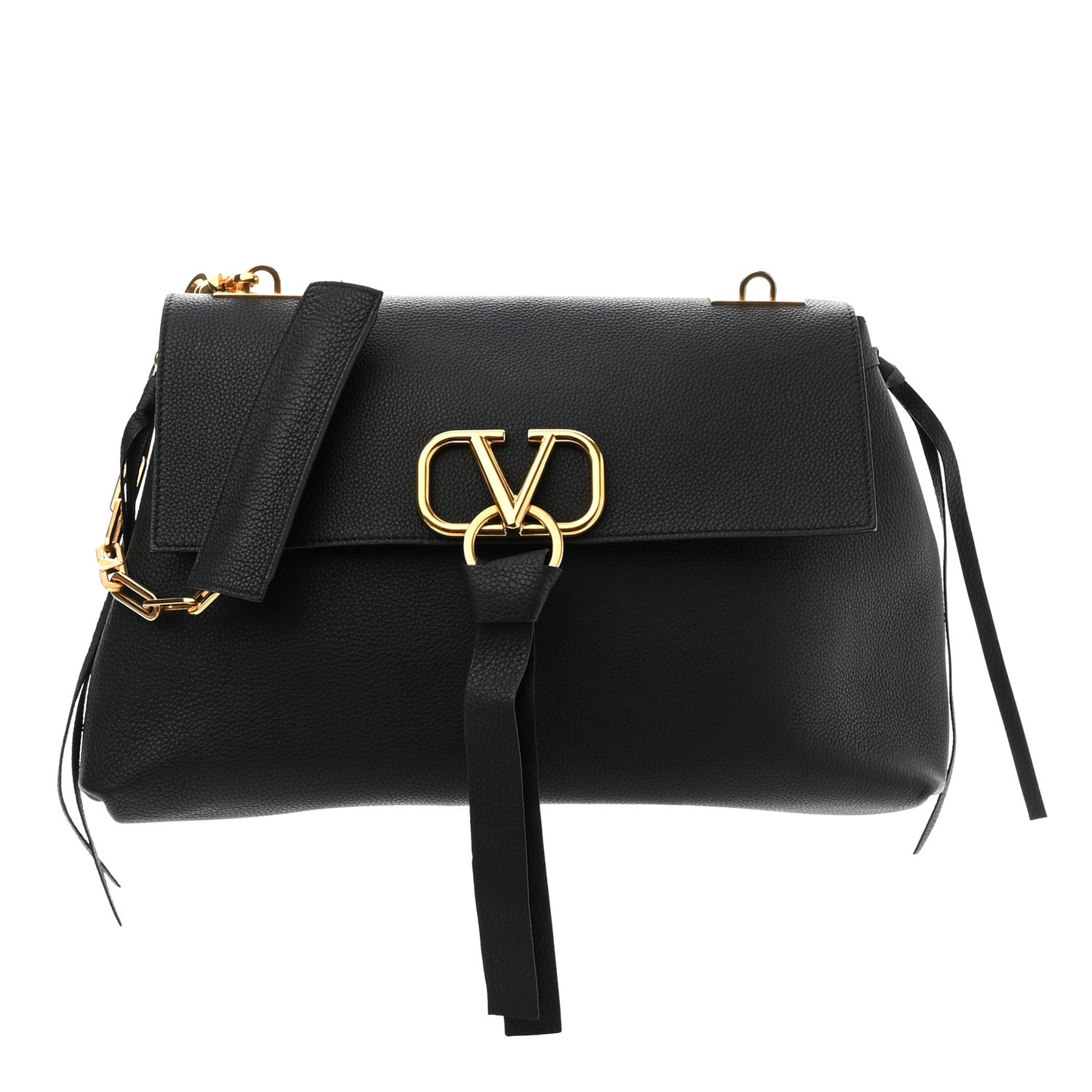 Pebbled Calfskin Large VRing Chain Shoulder Bag Black