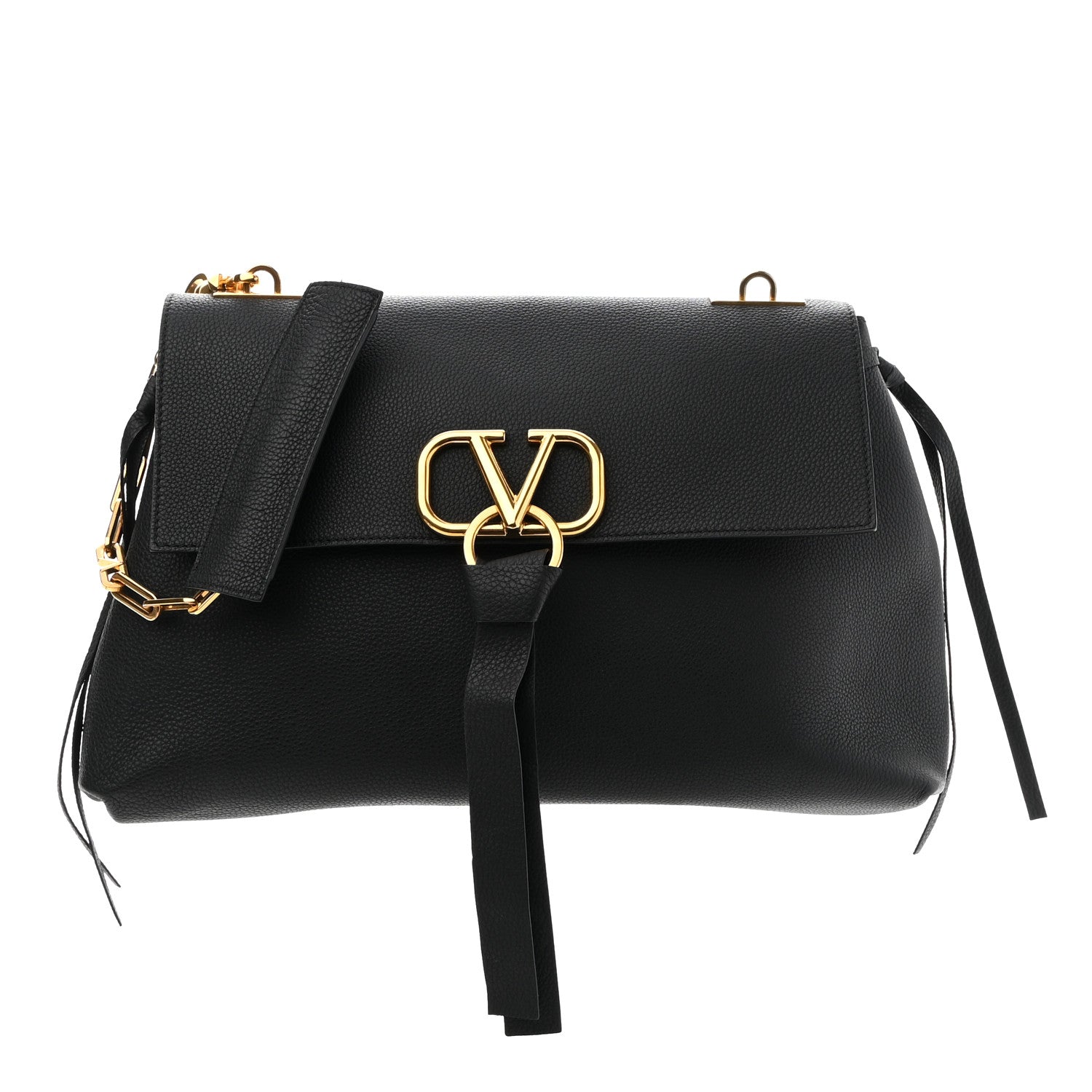 Valentino Garavani Pebbled Calfskin Large VRing Chain Shoulder Bag Black 1 of 8