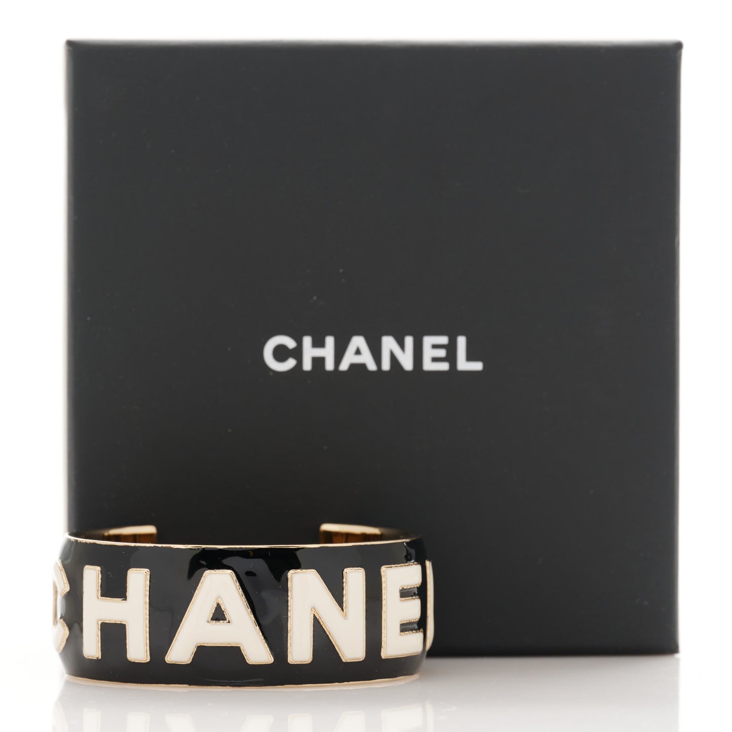 Metal Enamel Wide Chanel Logo Cuff Bracelet M Black White