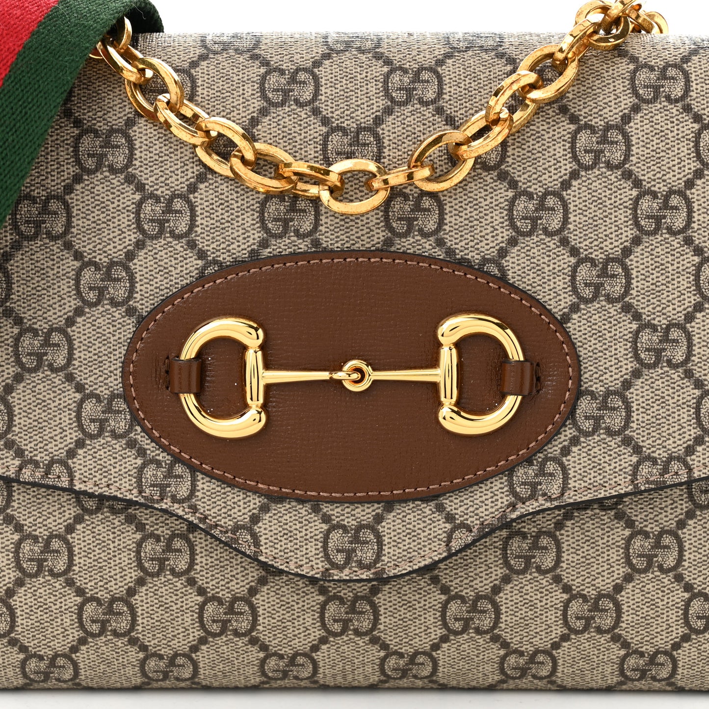 GG Supreme Monogram Azalea Calfskin Web Small Horsebit 1955 Crossbody Bag Beige Ebony Brown Sugar