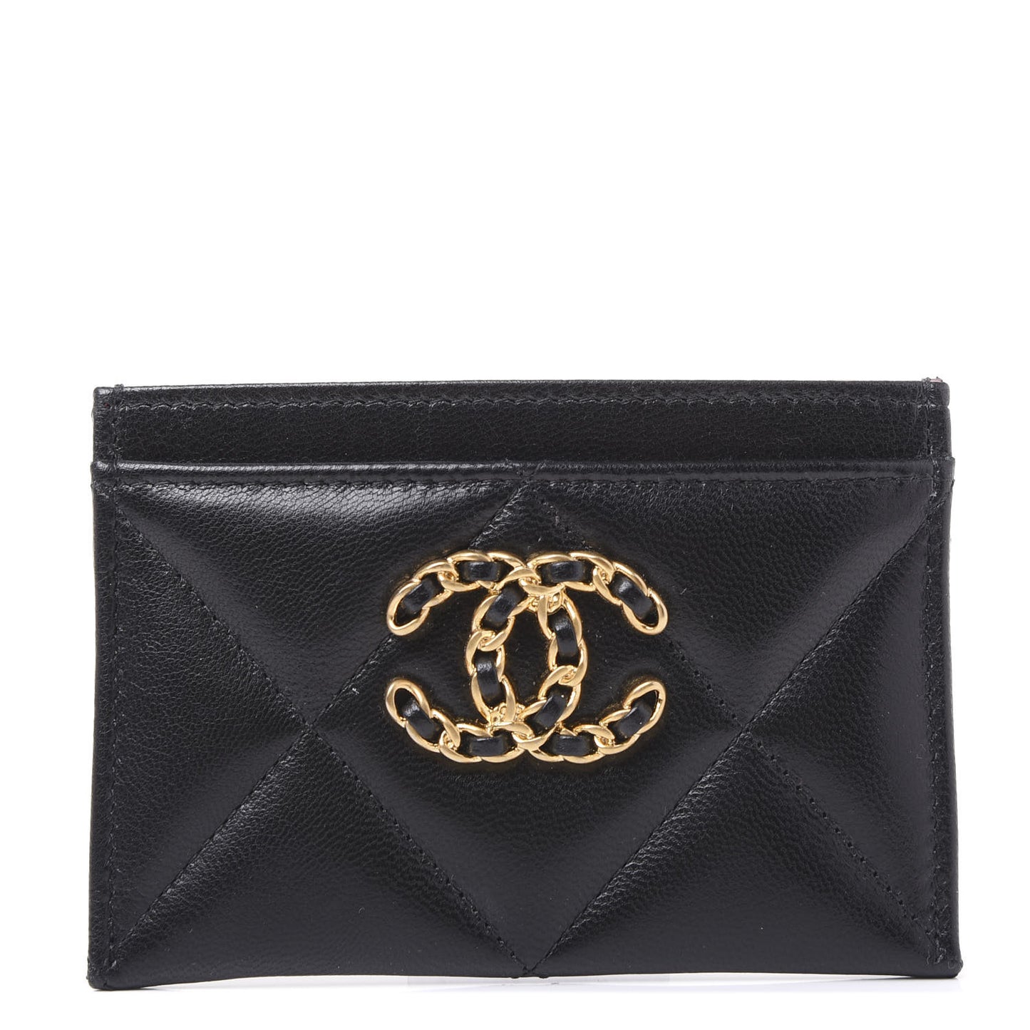 Shiny Goatskin Quilted Chanel 19 Card Holder Black