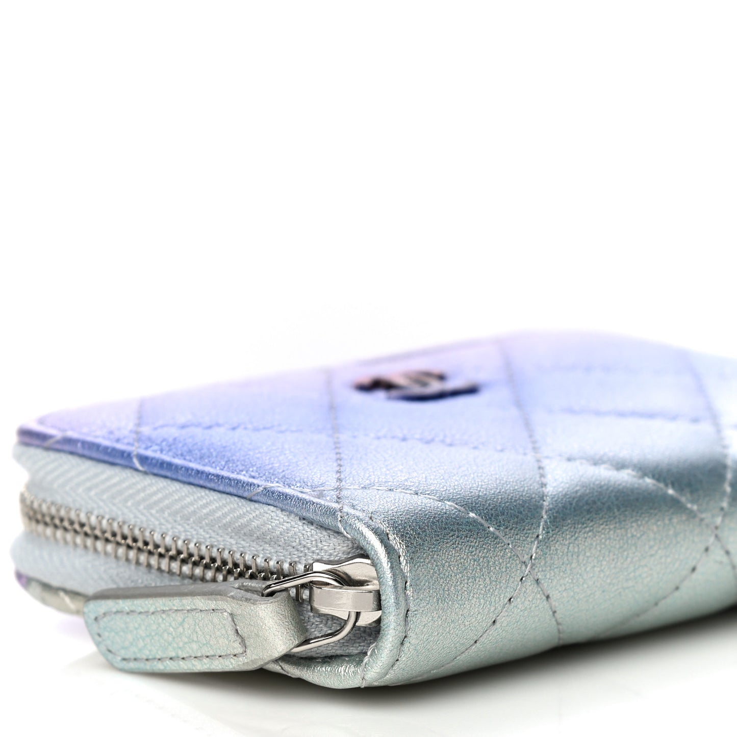 Gradient Metallic Calfskin Quilted Zip Around Coin Purse Wallet Silver Blue Yellow Purple