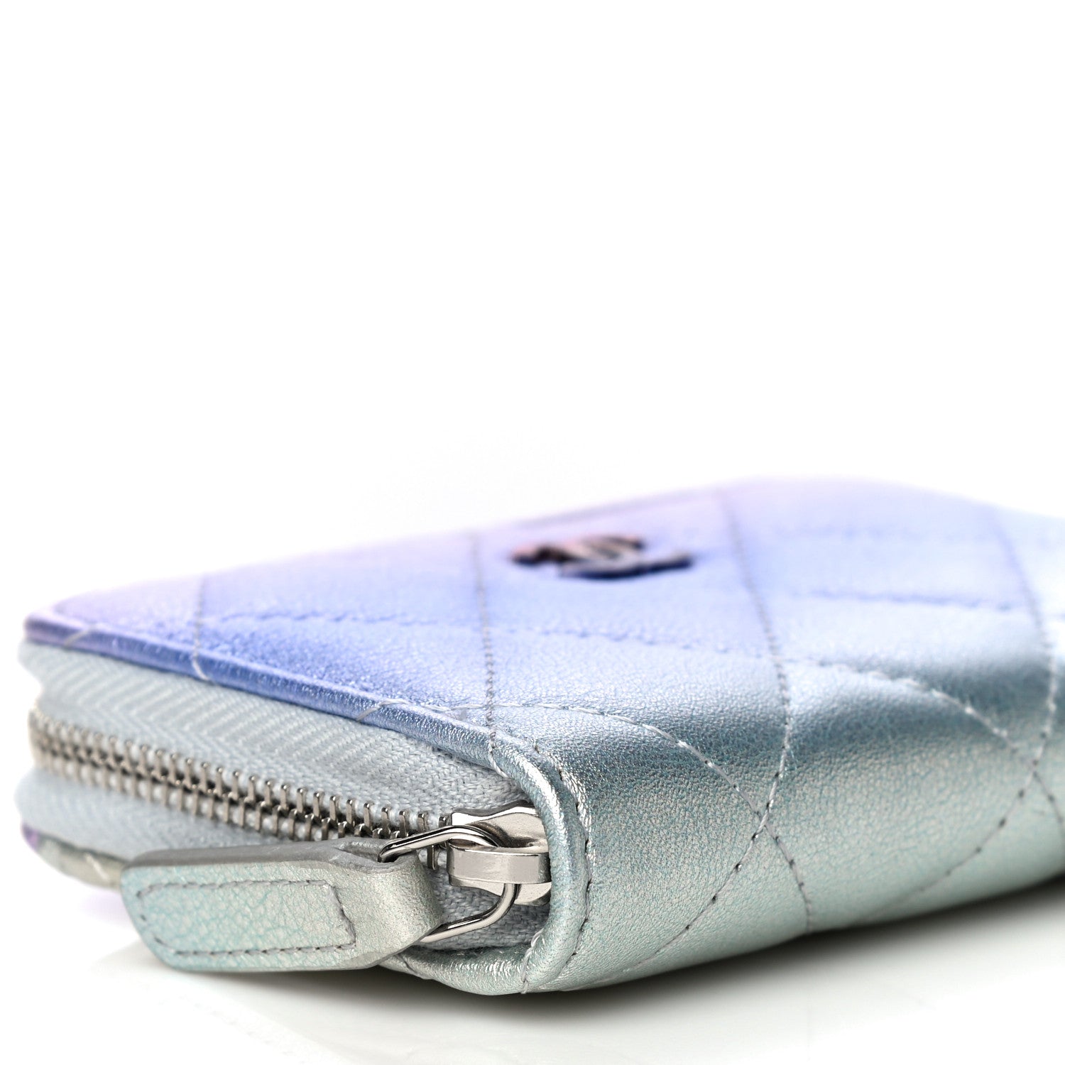 Chanel Gradient Metallic Calfskin Quilted Zip Around Coin Purse Wallet Silver Blue Yellow Purple 9 of 11