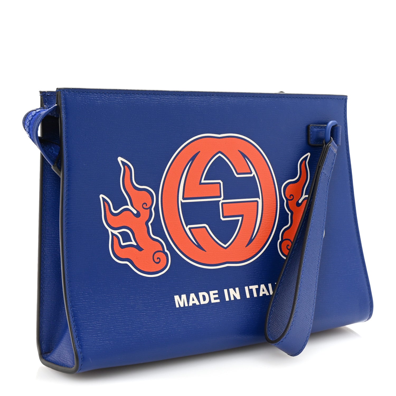Gucci New Shanghai Calfskin Interlocking G Logo Wristlet Clutch Cobalt Blue Orange 3 of 6