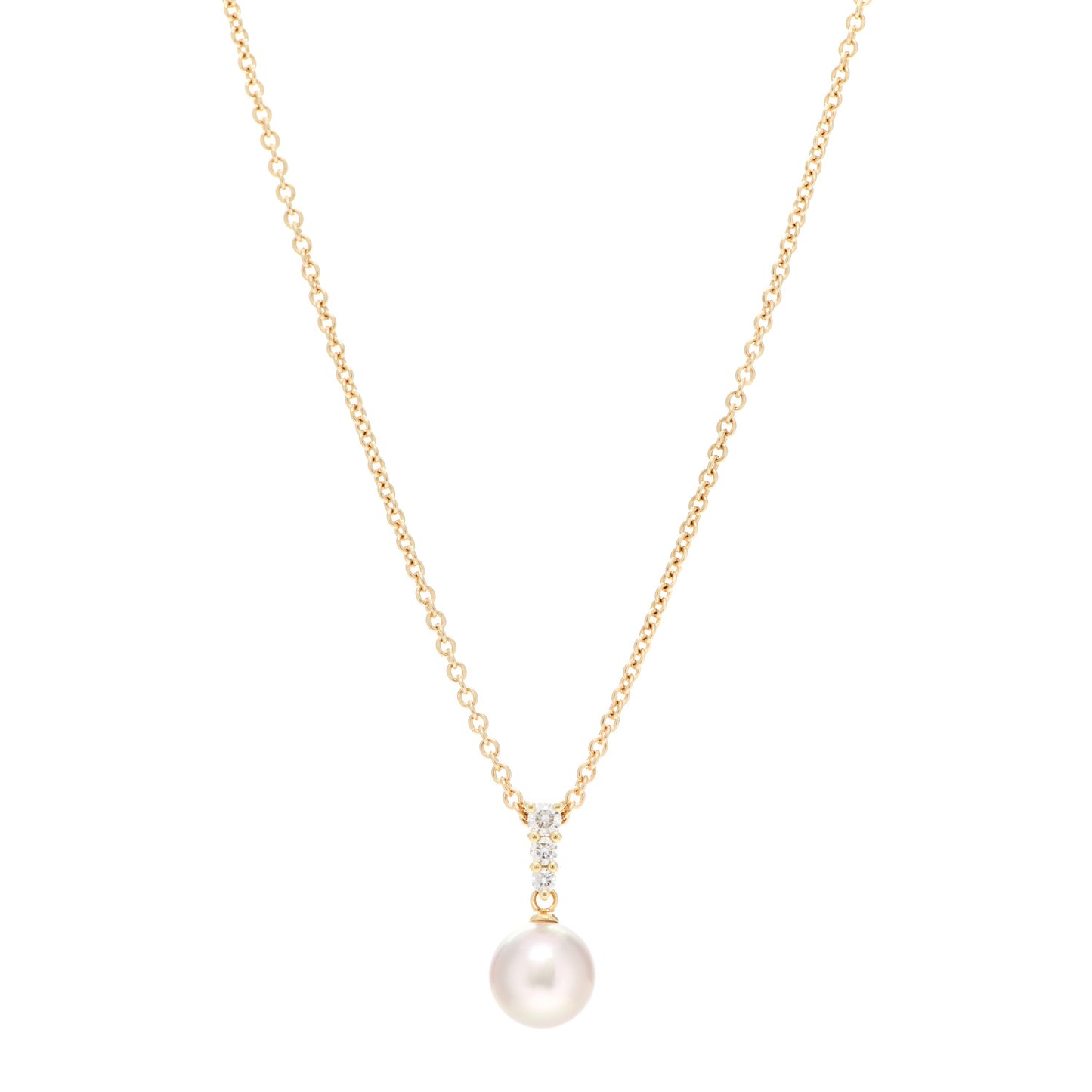 18K Yellow Gold Diamond Cultured Akoya Pearl 8mm Morning Dew Pendant Necklace
