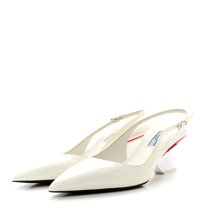 Prada Patent Calfskin Logo Pointed Toe Slingback Wedges 40.5 White 3 of 15