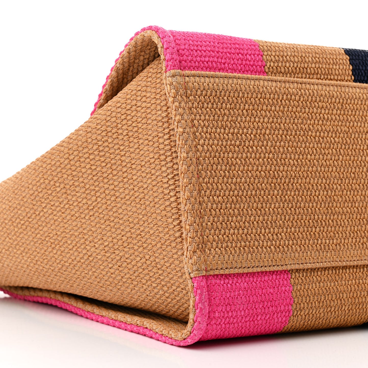 Straw Raffia Calfskin Striped Large Deauville Tote Dark Beige Fuchsia Navy Blue