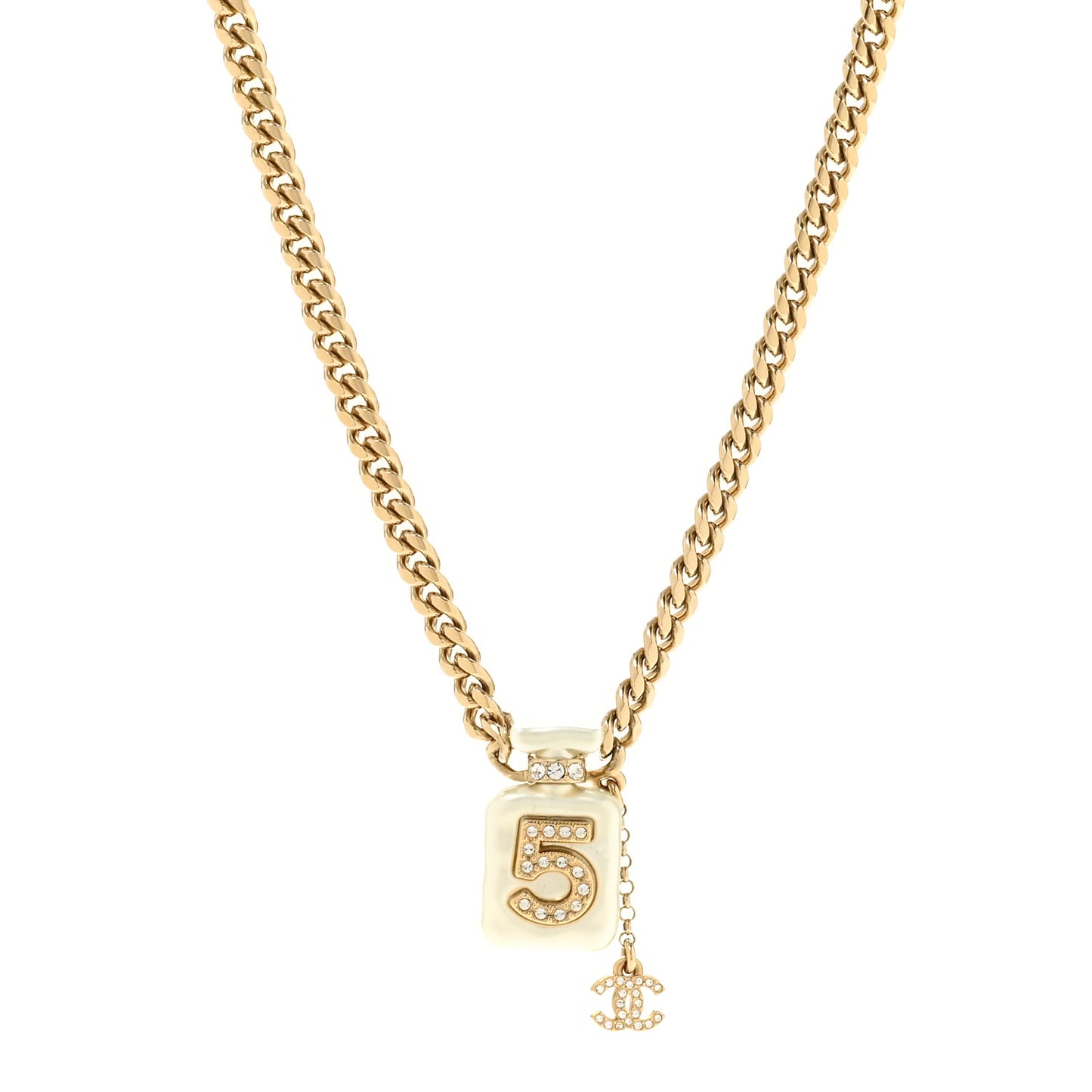 Pearl Resin Crystal CC No 5 Perfume Bottle Necklace Gold Pearly White