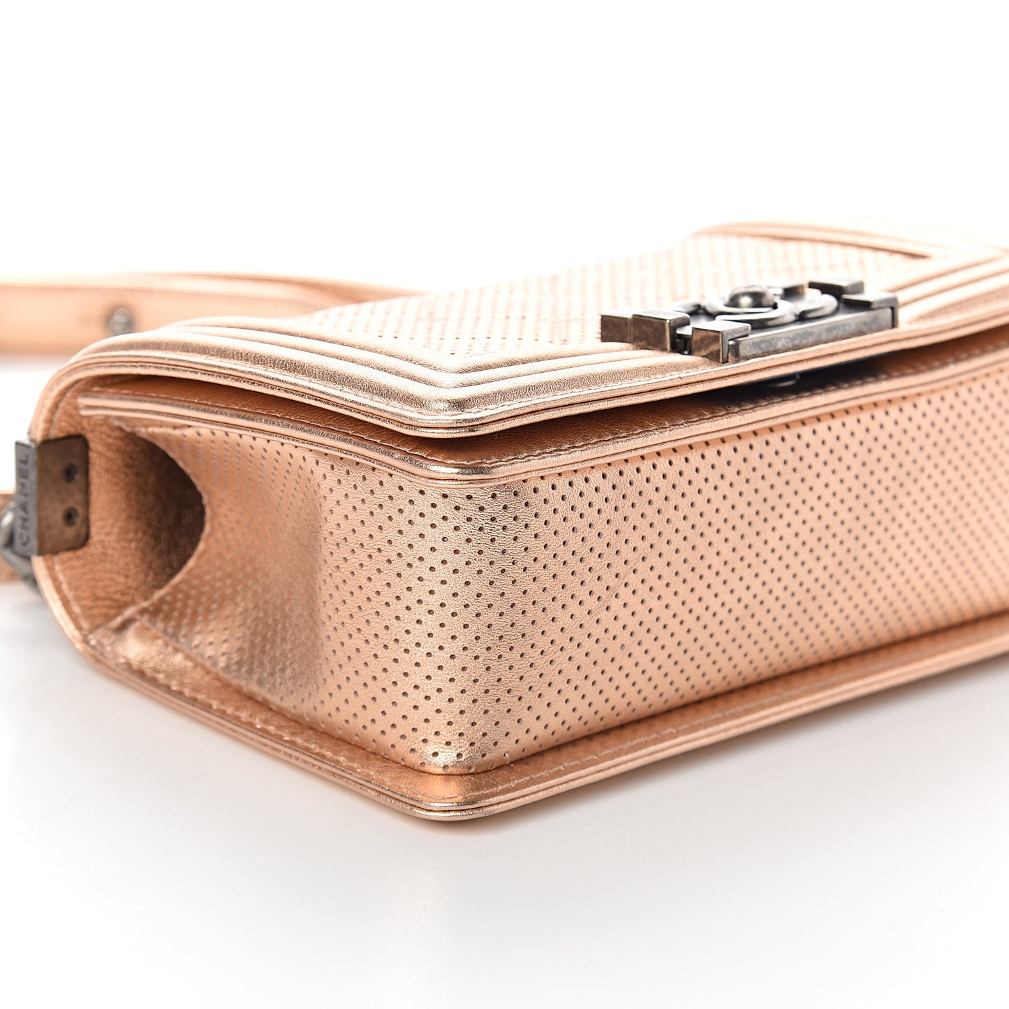 Metallic Calfskin Perforated Small Boy Flap Gold