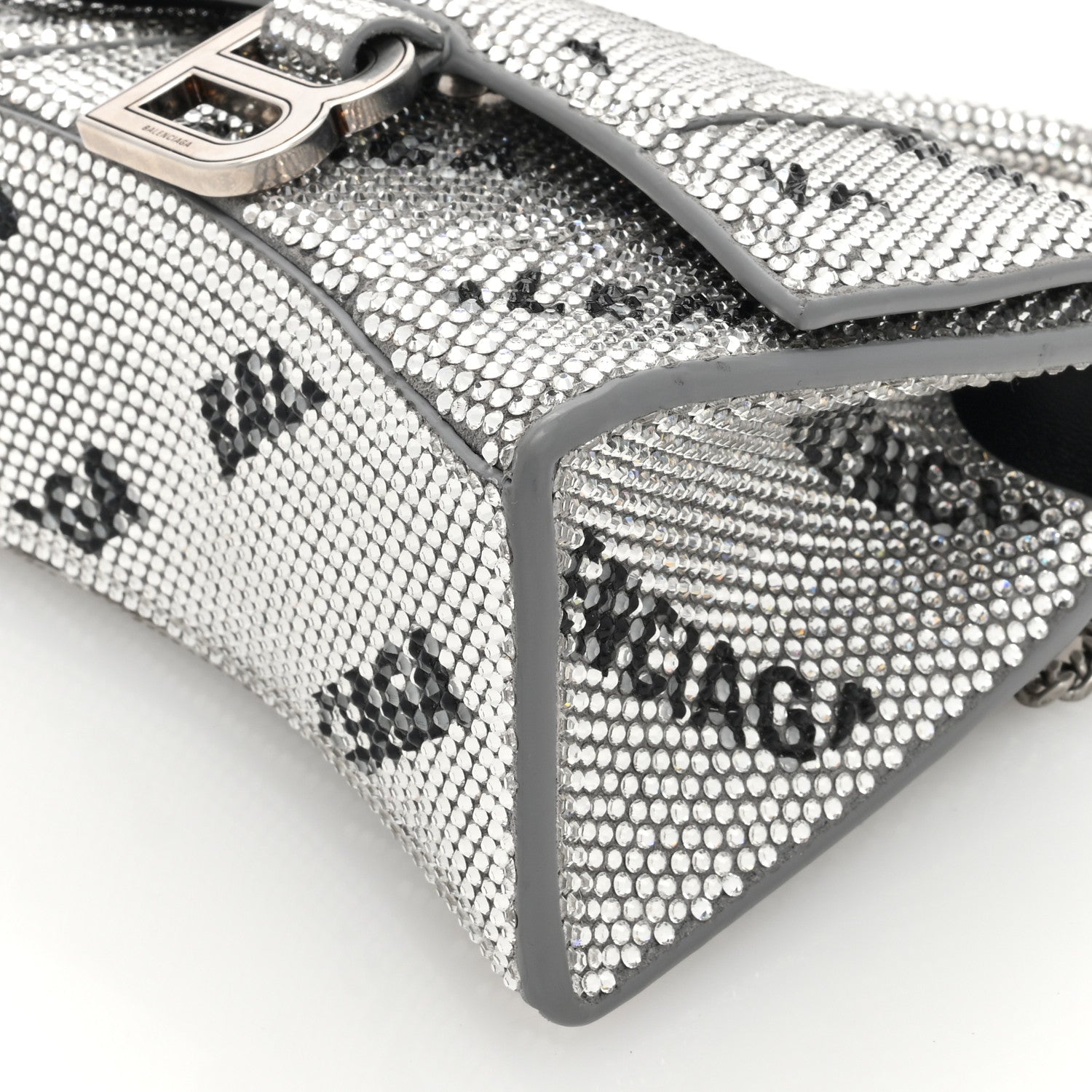 Balenciaga Strass Suede Allover Logo Hourglass Top Handle Bag XS with Chain Silver Black 9 of 9