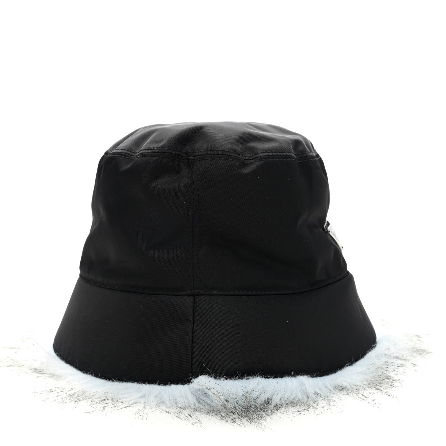 Prada Re-Nylon Faux Fur Metal Triangle Logo Womens Bucket Hat L Black Astro 6 of 8