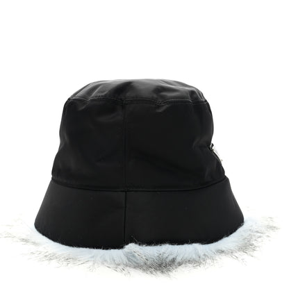 Prada Re-Nylon Faux Fur Metal Triangle Logo Womens Bucket Hat L Black Astro 6 of 8