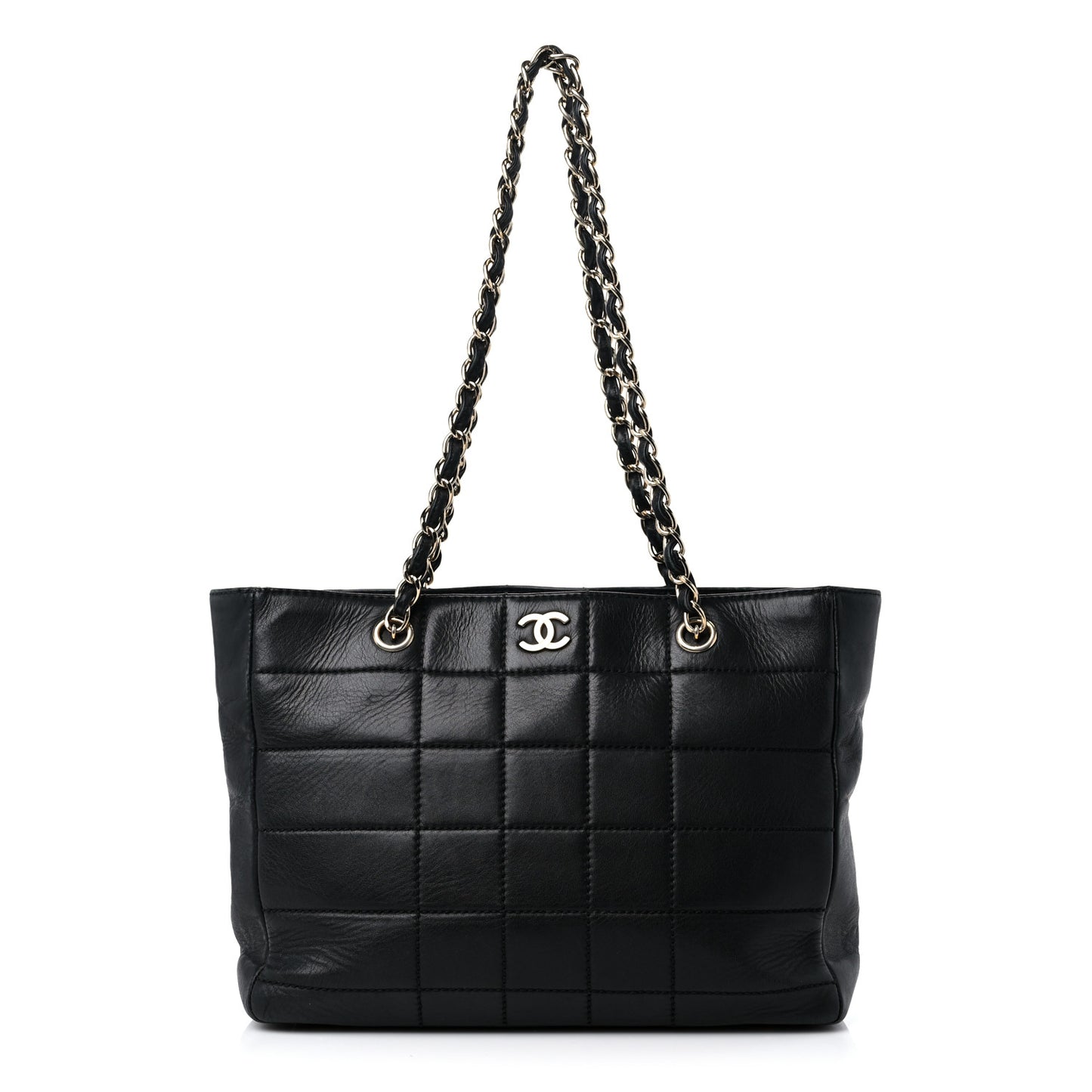 Calfskin Stitched Chocolate Bar Shopping Tote Black