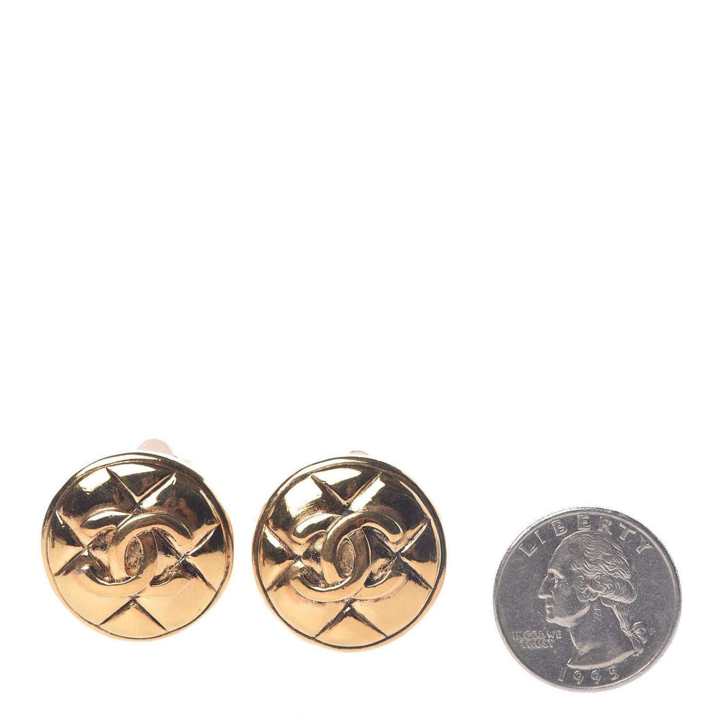 Metal Quilted CC Round Clip On Earrings Gold