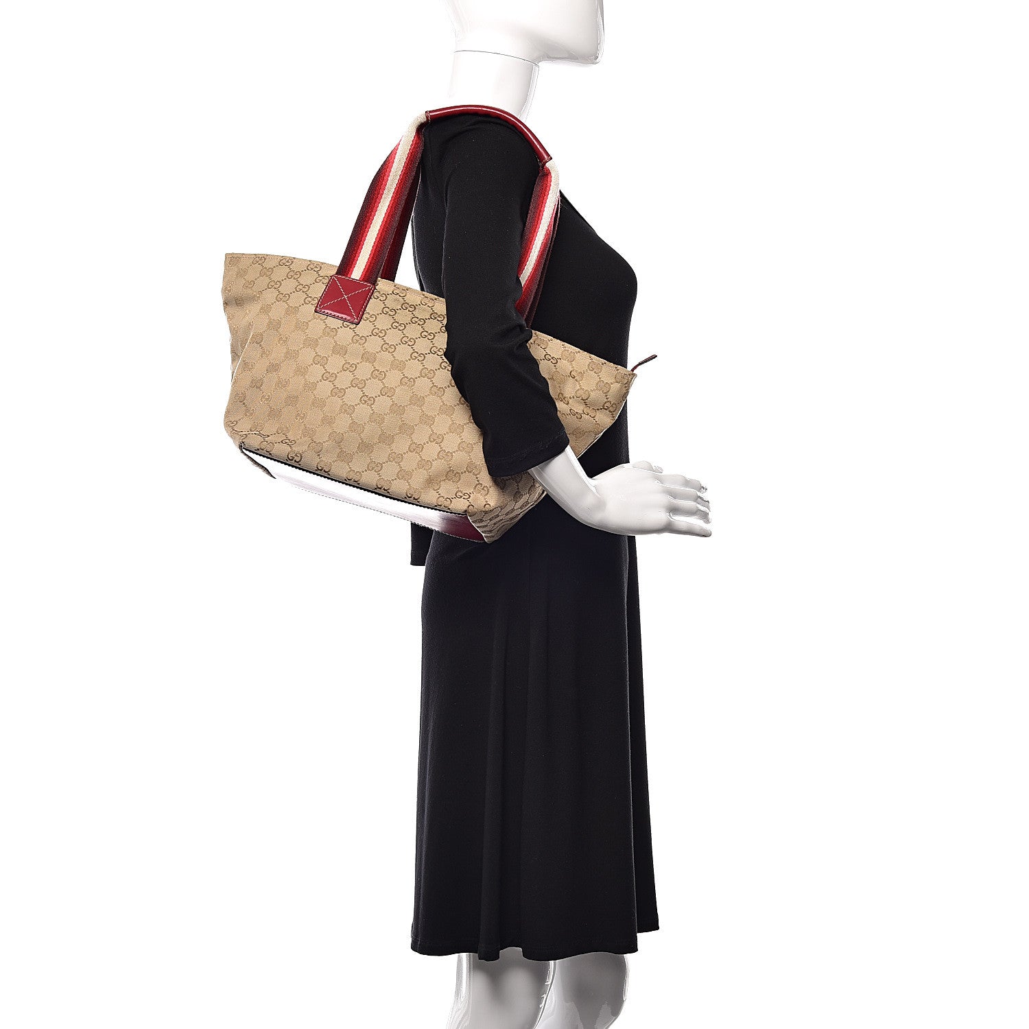 Gucci GG Monogram Medium Web Handle Bucket Tote Red White 2 of 11